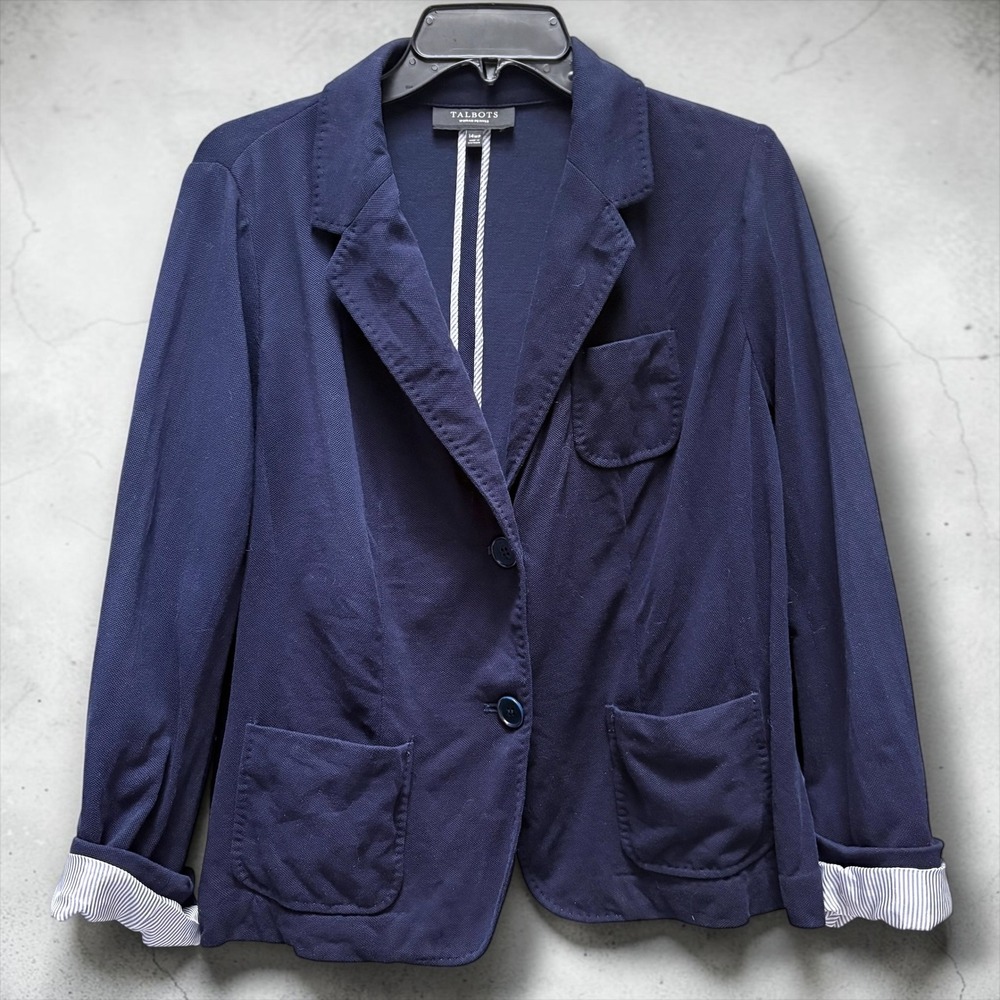 Vintage Talbots Navy Blue Cotton Knit Pique Blazer Jacket Striped Trim 14WP